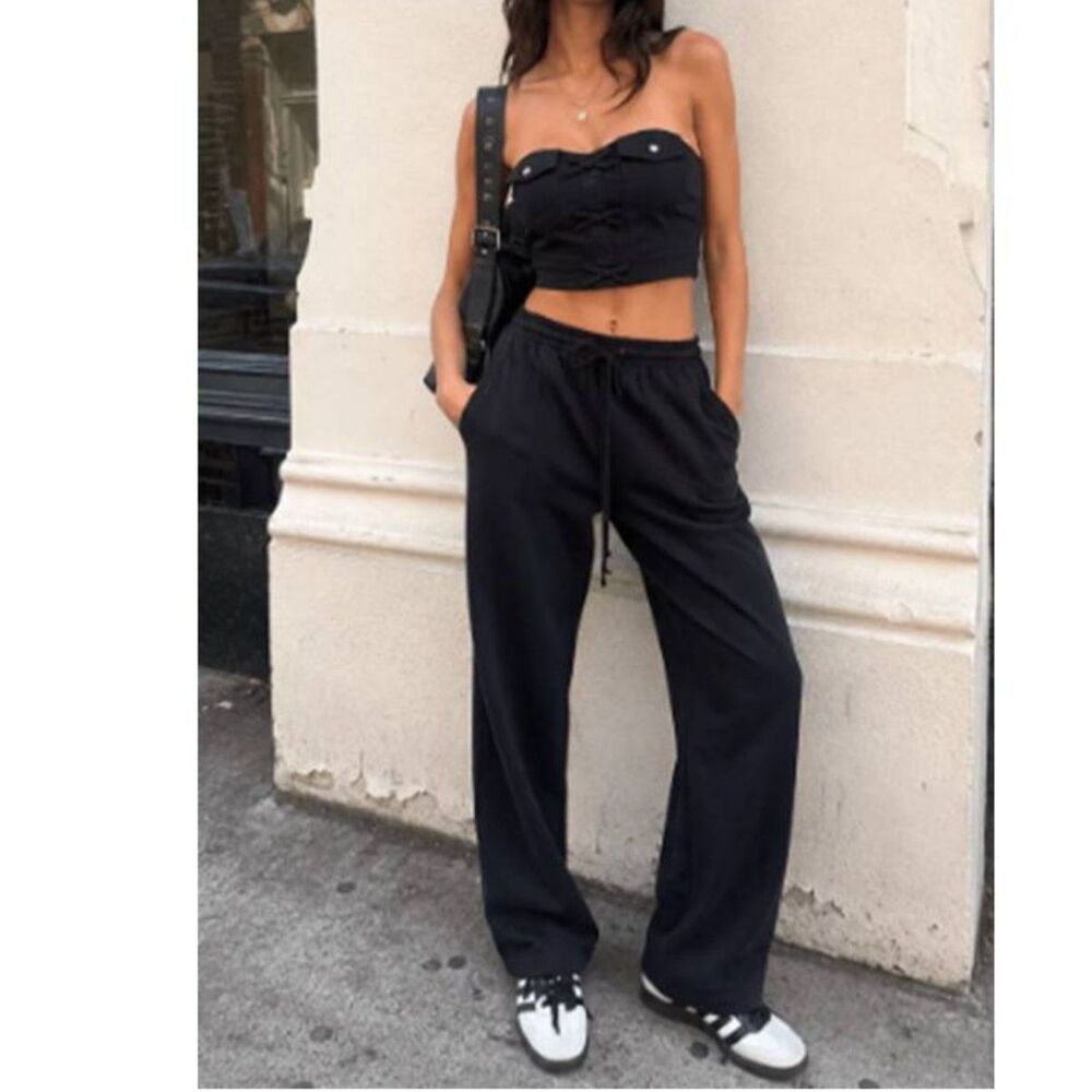 Women's Cotton Cropped Top & High Rise Pants Pull On Stretch Denim 2PC. Set